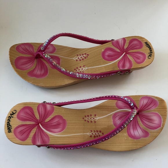 Woodies Shoes - WOODIES wooden sequin pink floral painted sandal
